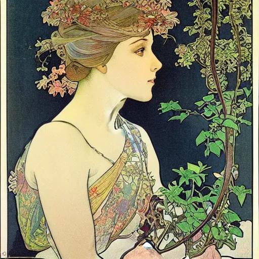 Image similar to “ a girl looking down at a bonsai, very detailed, by alphonse mucha ”