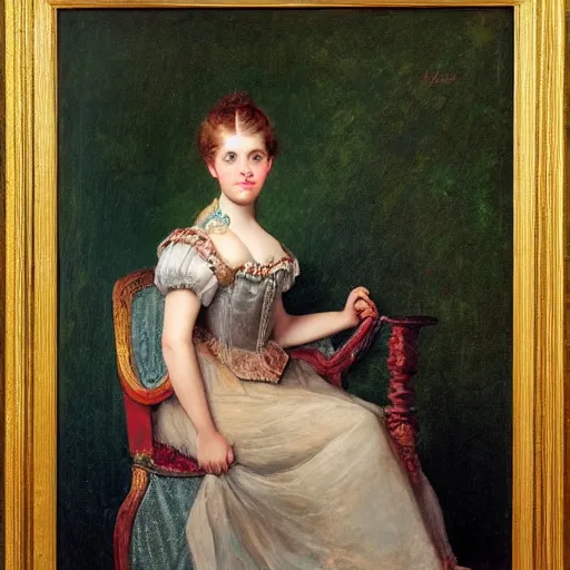 Prompt: full body portrait of a young German princess siting in a chair painted in the 1880s, romanticism, vivid, fancy, beautiful, rococo, coherent