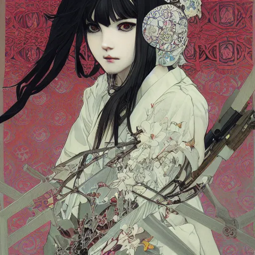 Prompt: detailed portrait girl of kimono techwear occultist with white fox ears, concept art, intricate complexity, by shigenori soejima, krenz cushart, alphonse mucha, takato yamamoto, rule of thirds, 4 k, beautiful, cinematic dramatic atmosphere