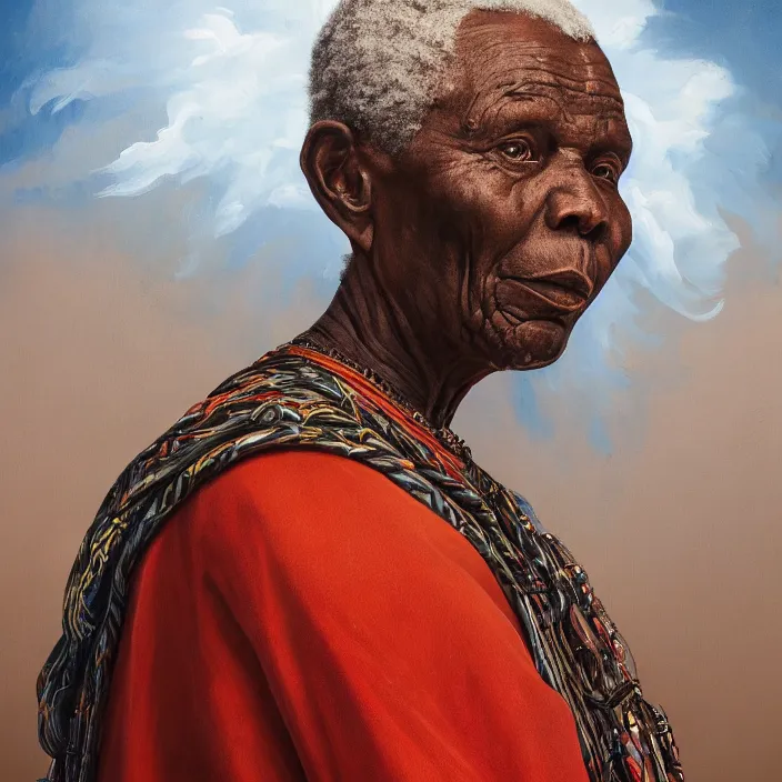 Image similar to a painting of a wise elder from Kenya by Kehinde Wiley . dramatic angle, ethereal lights, details, smooth, sharp focus, illustration, realistic, cinematic, artstation, award winning, rgb , unreal engine, octane render, cinematic light, macro, depth of field, blur, red light and clouds from the back, highly detailed epic cinematic concept art CG render made in Maya, Blender and Photoshop, octane render, excellent composition, dynamic dramatic cinematic lighting, aesthetic, very inspirational, arthouse.