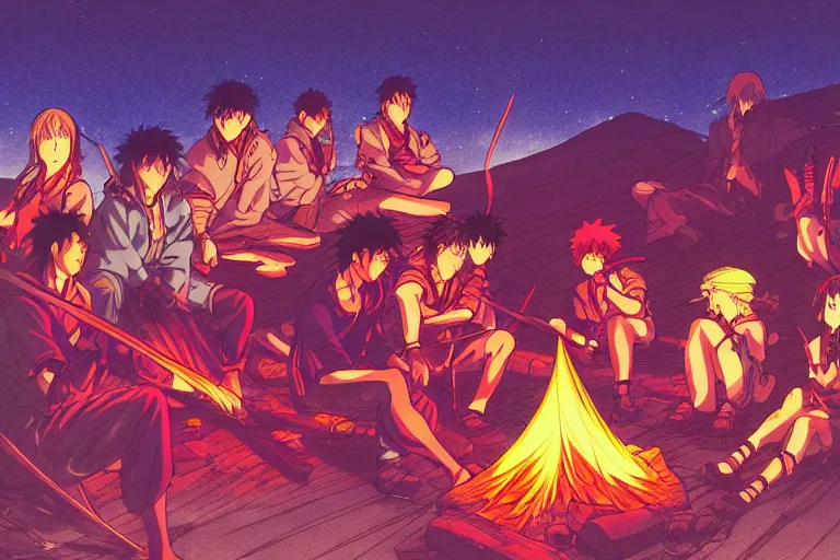Prompt: cel shaded study of a group of anime warriors sitting around a campfire at night, key visual with intricate linework, in the style of moebius, ayami kojima, 9 0's anime, retro fantasy