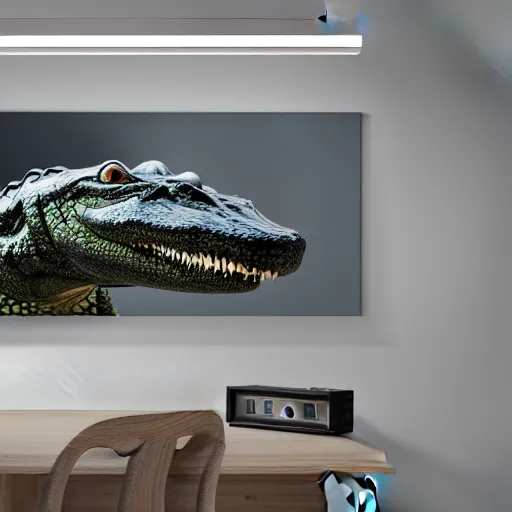 Prompt: photorealistic alligator in an office. hyperdetailed photorealism, 1 0 8 megapixels, cinematic lighting