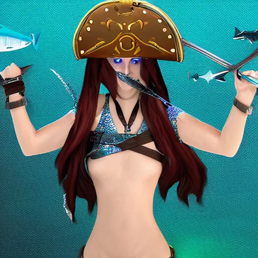 Image similar to Swashbuckling female pirate with iridescent shark skin, digital art, wearing shark skin clothing, digital art