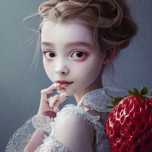 Image similar to the portrait of the absurdly beautiful, graceful, elegant, sophisticated, fashionable little girl made of strawberries and white petals looking down, an ultrafine hyperdetailed illustration by kim jung gi, irakli nadar, intricate linework, bright colors, octopath traveler, final fantasy, unreal engine 5 highly rendered, global illumination, radiant light, detailed and intricate environment