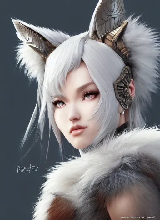 Image similar to warrior, fur - lined wolf armor!!! beautiful and elegant white hair female!! gorgeous ayes!! character concept art, sharp focus, octane render! unreal engine 5! highly rendered!! trending on artstation!! detailed linework!! illustration by artgerm, wlop, and chie yoshii