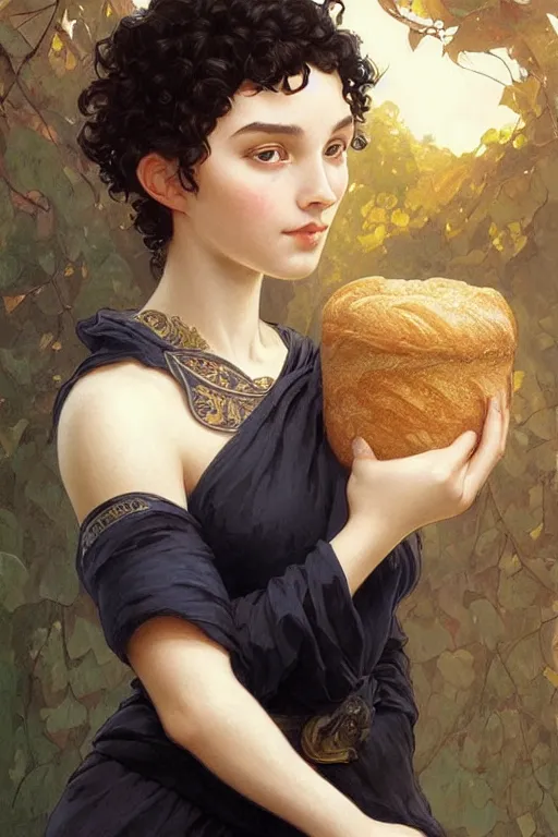 Image similar to beautiful cottagecore of a girl with short black curly hair, round face, cute face, holding a loaf of bread. intricate, elegant. highly detailed, digital painting, artstation, concept art, smooth, sharp, focus, illustration. . art by artgerm and greg rutkowski and alphonse mucha