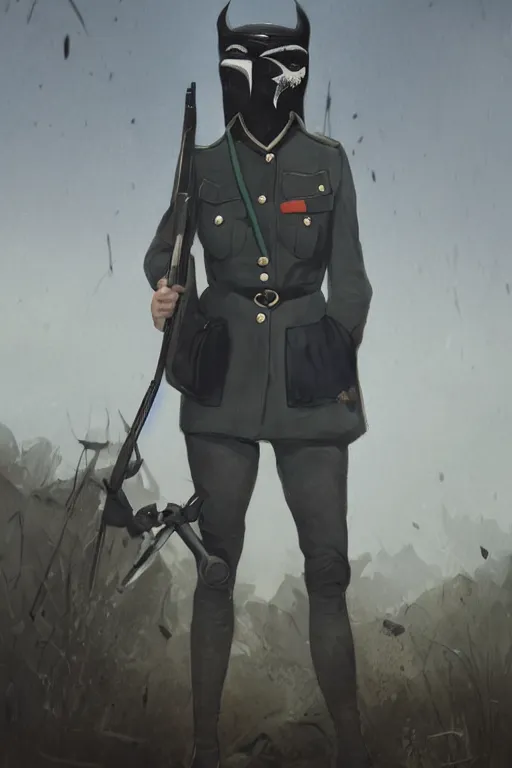 Prompt: ww 1 german female masked operative with the standard black uniform and a white porcelain crow beaked mask, artstation, trending on artstation, establishing shot, by simon stalenhag