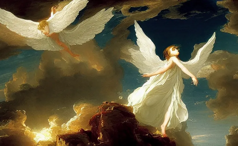 Image similar to a young beautiful angel wearing white angelic clothes flying among heaven and hell painted by thomas cole