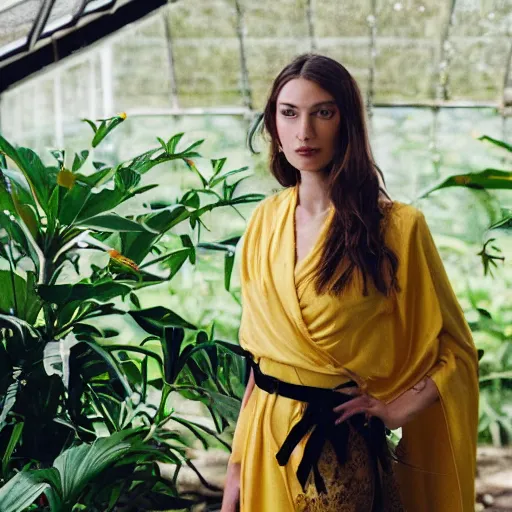 Prompt: head to shoulder portrait film photograph of an elegant top model wearing a yellow kimono with a very detailed barn owl on her shoulder!!! in a tropical greenhouse. looking at the camera!!. super resolution. 85 mm f1.8 lens.bokeh. graflex. art by Alessio albi and ashley wood and Edmund Blair Leighton ! -