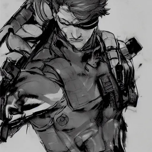 Prompt: solid snake fighting!!!!!! sam!!!!!! fisher!!!!!! by yoji shinkawa, concept art, duel