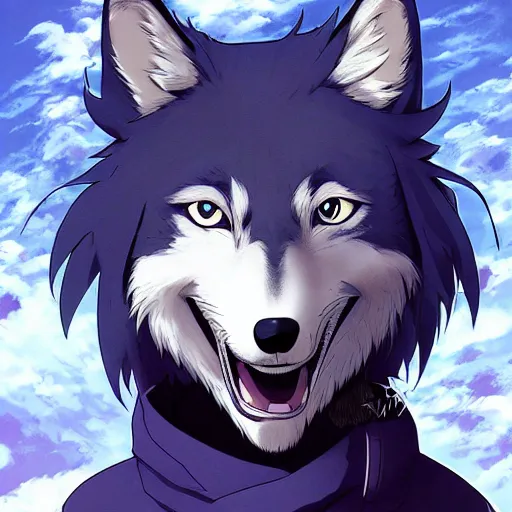 Image similar to key anime visual portrait of an anthropomorphic anthro wolf fursona, in a jacket, with handsome eyes, official modern anime art