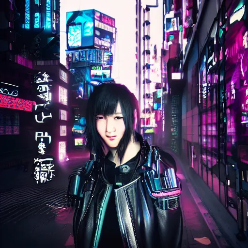 Prompt: cyberpunk rock gal, photorealiam, shinjuku 8 k, atmospheric