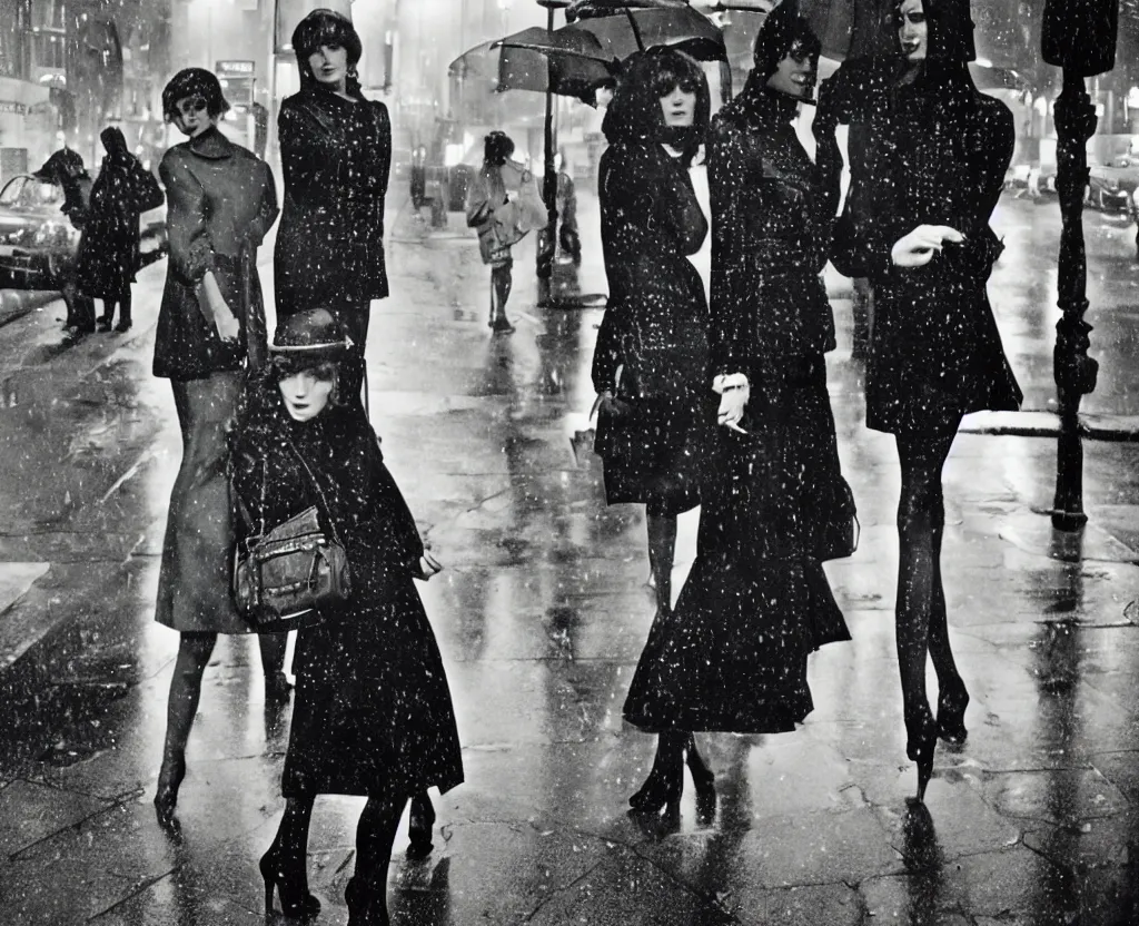 Image similar to 1960s fashion photography on the streets of London photographed by Annie Leibovitz, flash photography, holga, raining!, nighttime, colorful, photorealistic, atmospheric,