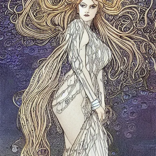 Prompt: woman wearing dress made of silver fish scales with long curly gold hair, art by Rebecca Guay, trending on artstation