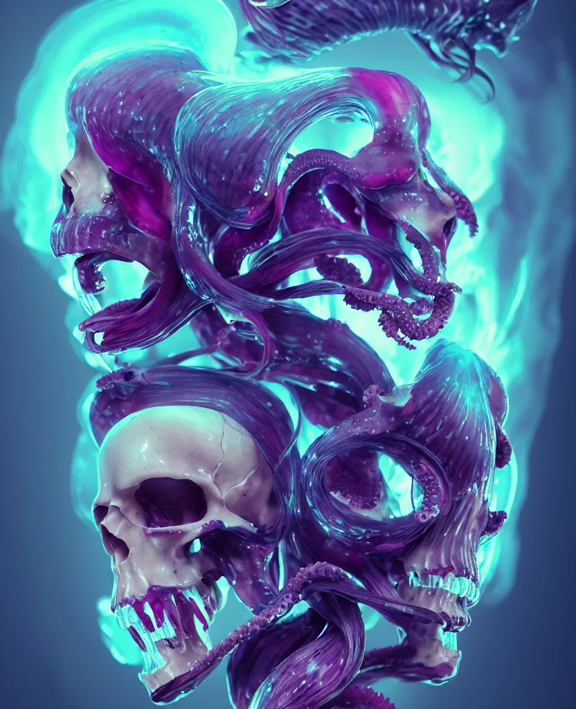 Image similar to goddess close - up portrait human skull, ram skull, squid phoenix jellyfish, orchid, betta fish, bioluminiscent, intricate artwork by tooth wu and wlop and beeple. octane render, trending on artstation, greg rutkowski very coherent symmetrical artwork. cinematic, hyper realism, high detail, octane render, 8 k