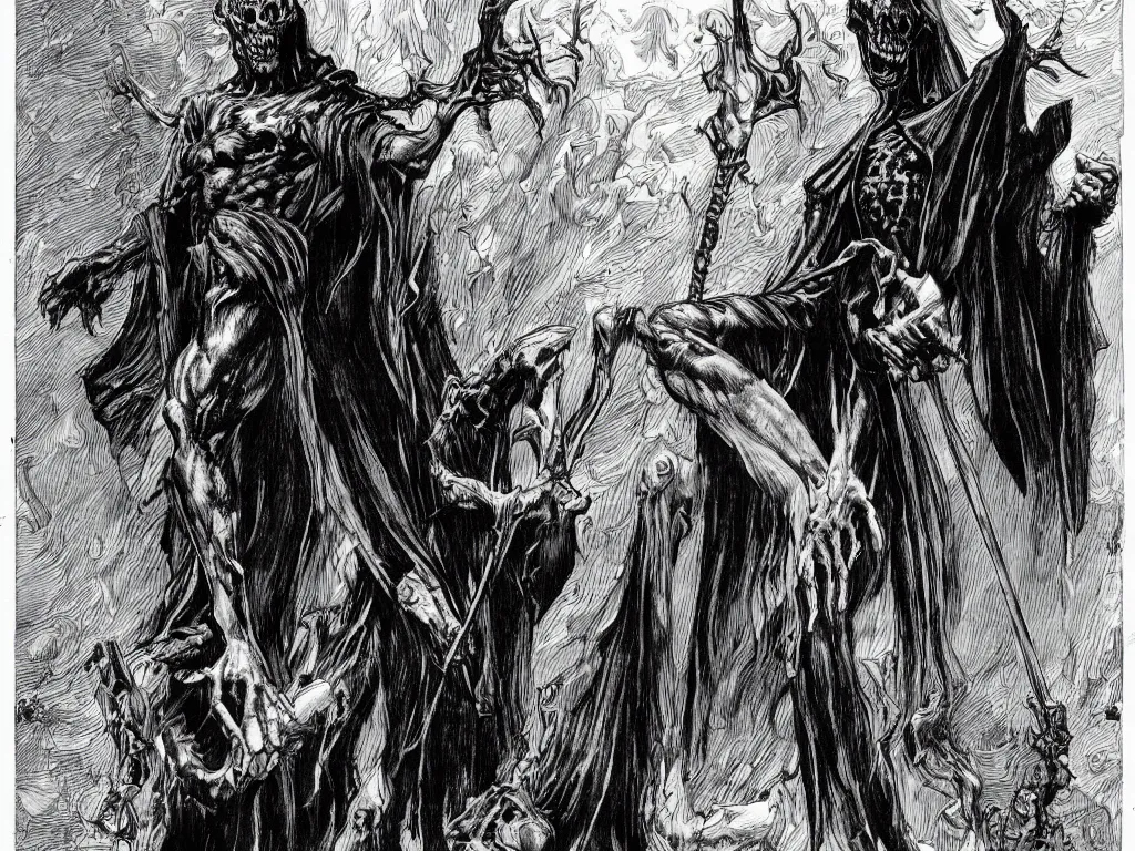 Prompt: gothic plague god made by bernie wrightson