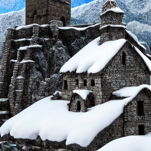 Prompt: old abandoned dwarven keep nestled high up in the snow covered mountains. picturesque scenery. running water. landscape photography. fantasy. trending on art station.