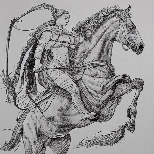 Prompt: “8k ink drawing of Diana huntress, Horses in run, intricate in style of Michelangelo and Albrecht Durer, hand made paper”