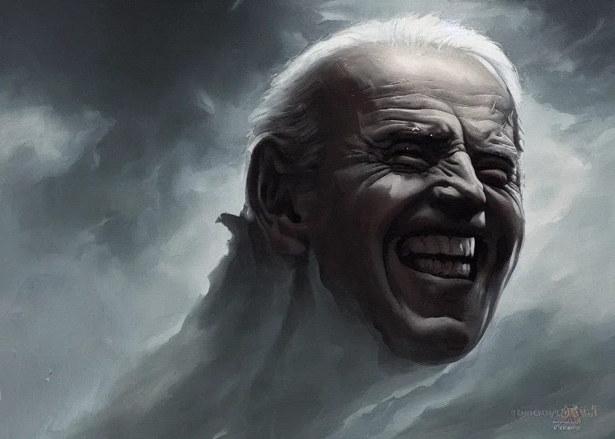 Prompt: abstract painting of giant Joe Biden smiling evil emperor of the world emerging in dark clouds, Sidious, noxious, cosmic horror, evil, dangerous, trending on ArtStation, masterpiece, by Greg Rutkowski, by Ross Tran, by Fenghua Zhong, octane, lightbeam eyes, soft render, clear facial features, oil on canvas, moody lighting, cinematic, professional environment concept art