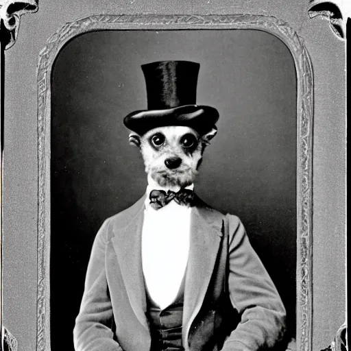 Image similar to an old timey photo of a silky terrier in a top hat at a fancy victorian estate