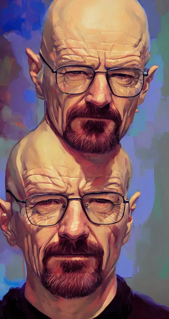 Prompt: a highly detailed beautiful portrait of walter white, neon lights, by gregory manchess, james gurney, james jean