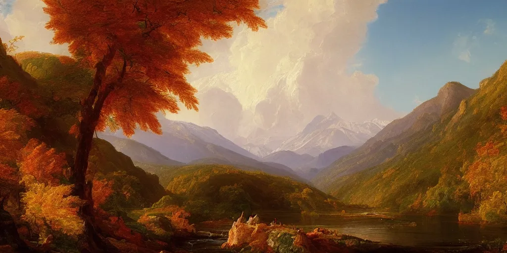 Prompt: a stunning painting of a mountain vista with a river flowing to a lake and forest, autumn season, by thomas cole, oil on canvas, highly detailed, 4 k, hd