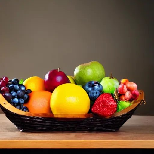 Prompt: a fruit basket on top of a kitchen table, long exposure