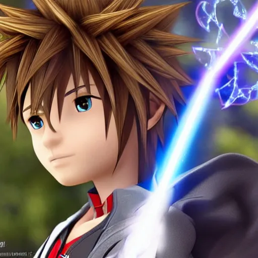 Prompt: sora from kingdom hearts using a laser blade ( from star wars ) instead of a keyblade