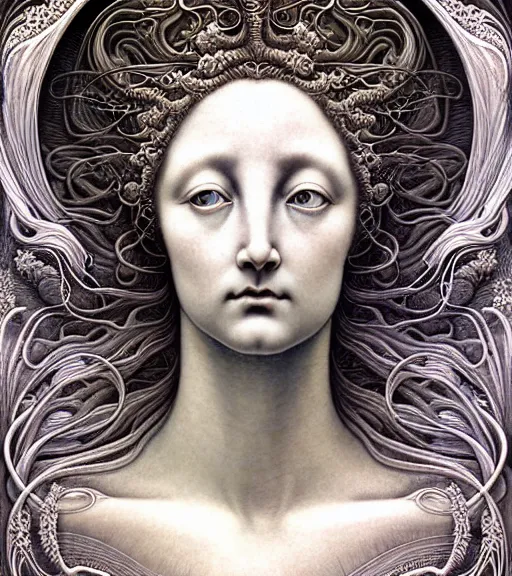 Image similar to beautiful moon goddess detailed realistic porcelain face portrait by jean delville, gustave dore, iris van herpen and marco mazzoni, art forms of nature by ernst haeckel, art nouveau, symbolist, visionary, gothic, neo - gothic, pre - raphaelite, fractal lace, intricate alien botanicals, ai biodiversity, surreality, hyperdetailed ultrasharp octane render