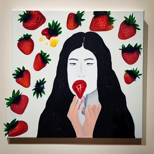 Image similar to “art in an Australian artist’s apartment, portrait of a woman wearing white cotton cloth, eating luscious fresh raspberries and strawberries and blueberries, white wax, edible flowers, Japanese pottery, ikebana, black walls, acrylic and spray paint and oilstick on canvas”