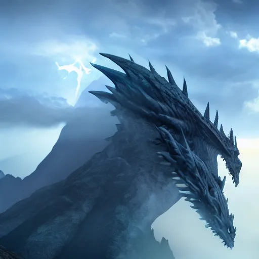 Image similar to giant majestic epic dragon on a mountain between the clouds, epic, volumetric light, volumetric fog, extreme details, 8 k, artstation