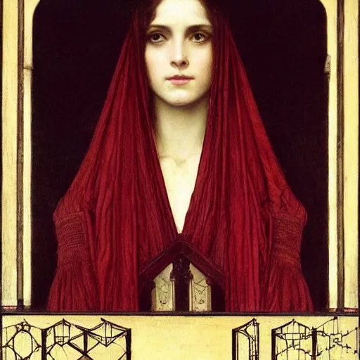 Image similar to Symmetric Pre-Raphaelite painting of a beautiful mystic woman with dark hair in a very detailed silk dark red dress by John William Waterhouse, zoomed out, surrounded by a dark gothic frame of highly detailed mathematical drawings of neural networks and geometry by Doré , highly detailed mathematical drawings of geometry by Giger