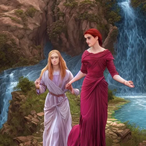 Image similar to a highly detailed byzantine painting of scarlett johansson and emma watson as red haired princesses walking through a waterfall in a gossamer purple dress, epic fantasy, stormy night, viewed in profile from far away, ultrawide lens, art by artgerm and greg rutkowski and alphonse mucha, volumetric lighting, 4 k resolution, trending on artstation, masterpiece