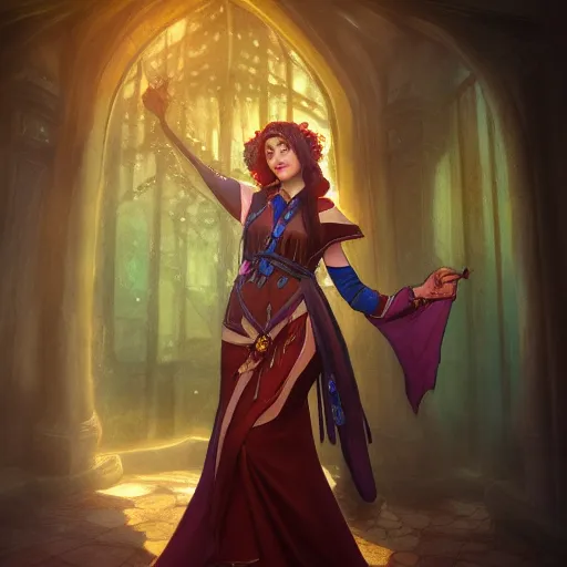 Image similar to beautiful female mage is impressed while looking at the camera , comedy , fantasy, D&D, HDR, natural lighting , award winning photograph, 8k, Mucha style,