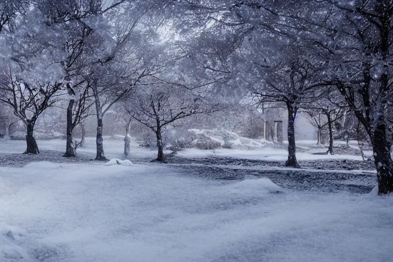 Image similar to a very windy and cold place, everything is made out of ice, snowing, cinematic lighting