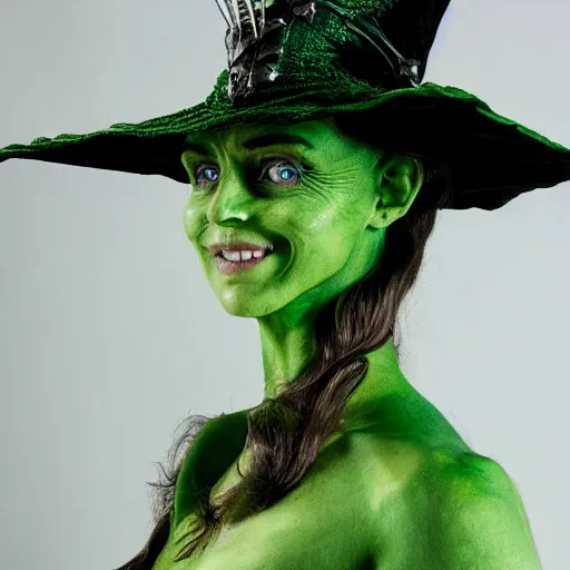 Image similar to the wicked witch of the game of thrones, green skin, witch hat, dragons