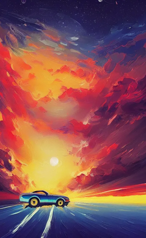 Image similar to a beautiful painting of a burning car, art of alena aenami, featured on artstation, vertical orientation, paint brush strokes, expressionism, brushstroke - laden, breathtaking clouds, birds, ocean, beautiful stars, long exposure, big moon radius, airy midnight theme, blue purple gradient, lens flare