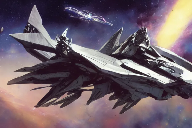 Image similar to gnostic space nebula framing a pteranodon mecha interceptor, small against the backdrop of space, white john berkey armor panels, wine-red and grey trim, robotech styling, with white Kanji markings outlined in black, boeing concept art painting, cinematic lighting, amazing lifelike cinematic photo render