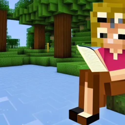 Prompt: a girl reading book in Minecraft, 4k