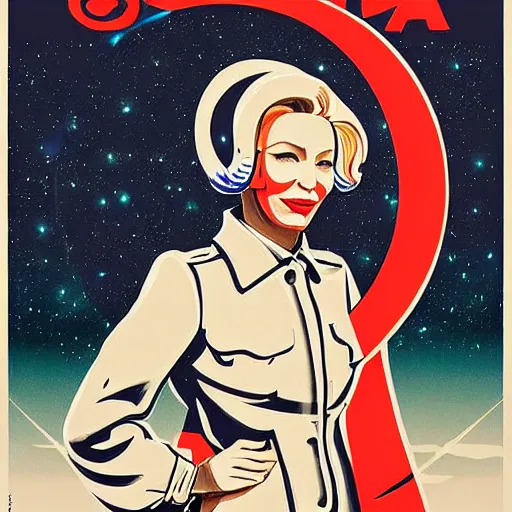 Image similar to propaganda poster for colonizing the moon with cate blanchett, by bonesetell