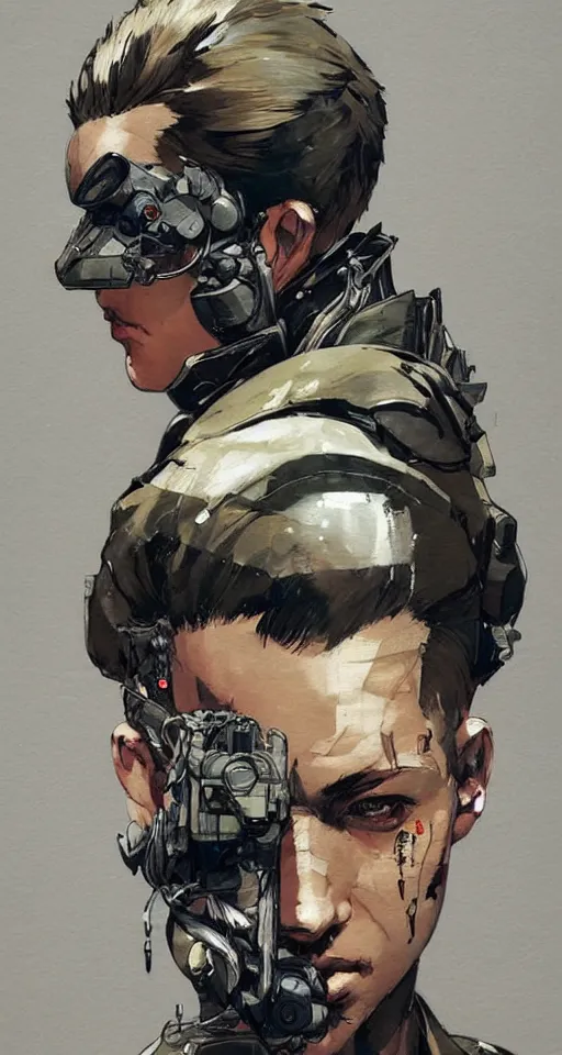 Image similar to a beautiful side portrait painting of a soldier. the soldier has giant insect eyes, compound eyes. art by yoji shinkawa and sandra chevrier, trending on artstation, award - winning, perfect composition.