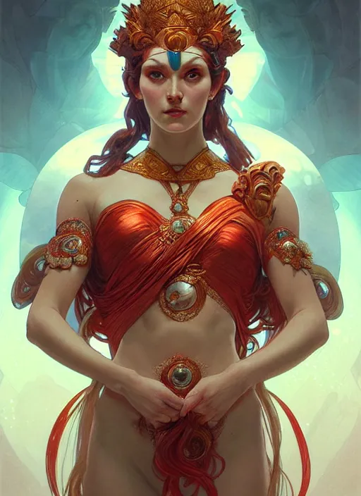 Image similar to the goddess hera looking angry, paper armour, volumetric lights, red and cyan theme, cute, intricate, elegant, highly detailed, digital painting, artstation, concept art, smooth, sharp focus, symmetric face, illustration, art by artgerm and greg rutkowski and alphonse mucha