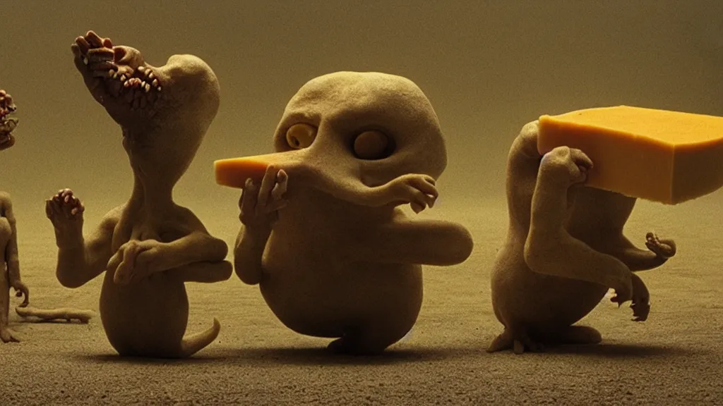 Image similar to the strange creature, made of milk and cheese, they hold my car keys, film still from the movie directed by denis villeneuve and david cronenberg with art direction by salvador dali and zdzisław beksinski