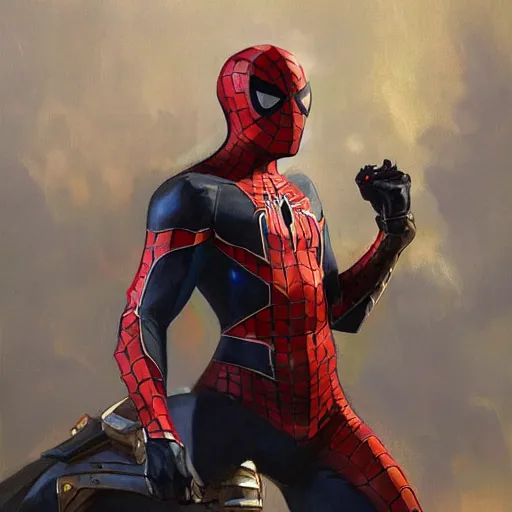 Image similar to greg manchess portrait painting of an armored dark fancy iron spiderman as overwatch character, medium shot, asymmetrical, profile picture, organic painting, sunny day, matte painting, bold shapes, hard edges, street art, trending on artstation, by huang guangjian, gil elvgren, ruan jia, greg rutkowski, gaston bussiere