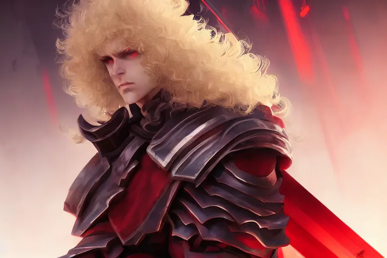 Prompt: digital art of a pale menacing male Blood Knight Angel with fluffy blond curls of hair and piercing red eyes, gilded black uniform, he commands the fiery power of resonance and wrath, by WLOP, Artstation, CGsociety