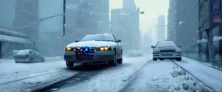 Image similar to Audi A4 B6 Avant (2002), a gritty neo-noir, dramatic lighting, cinematic, eerie person, death, homicide, homicide in the snow, gunshots, establishing shot, extremely high detail, photorealistic, cinematic lighting, artstation, by simon stalenhag, Max Payne (PC) (2001) winter New York at night, In the style of Max Payne 1 graphic novel, flashing lights, Poets of the Fall - Late Goodbye