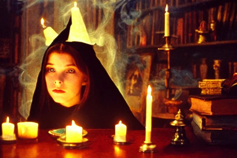 Prompt: 2 0 0 0's photo, close up portrait, dramatic lighting, concentration, calm confident teen witch and her cat, candles and tarot cards displayed on the table in front of her, incense smoke fills the air, a witch hat and cape, apothecary shelves in the background, still from harry potter, alphonse mucha