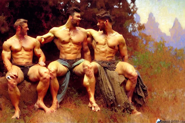 Prompt: 2 muscular attractive men chatting, painting by gaston bussiere, craig mullins, greg rutkowski, alphonse mucha