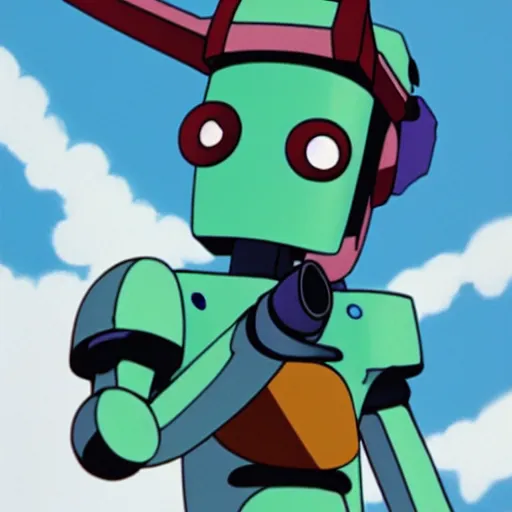 Image similar to portrait of canti the robot from flcl anime, he is holding a valorant style sniper rifle