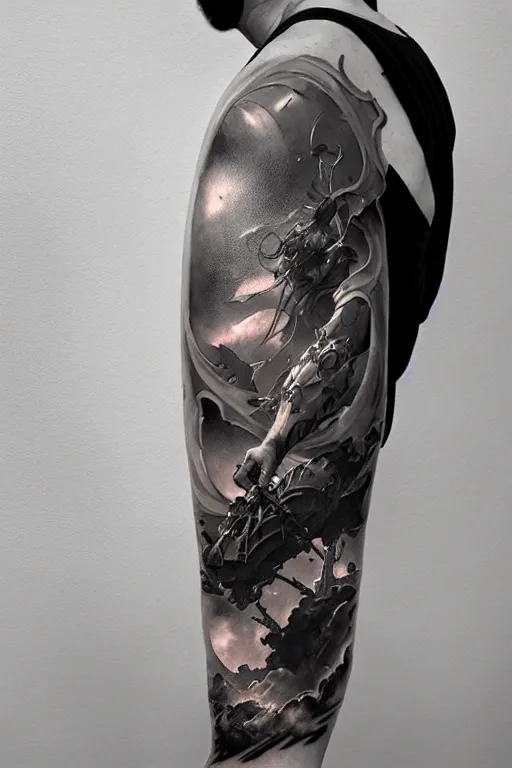 Image similar to arm sleeve tattoo design by peter mohrbacher and craig mullins and hiroshi yoshida and james jean and frank frazetta and michael whelan and andreas rocha